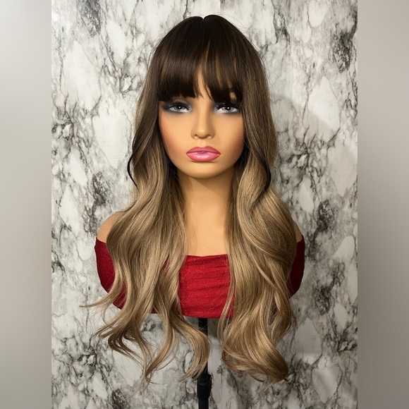 24 Inch. balayage Brown. & Medium ash Blonde Wavy wig with bangs | Natural look - Picture 3 of 10